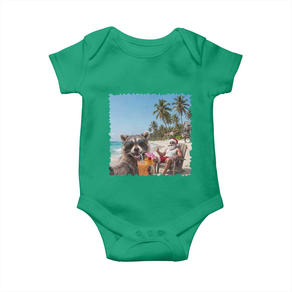 Christmas In July Raccoon And Santa Baby Onesie Tropical Summer Vacation Graphic TS12 Irish Green Print Your Wear