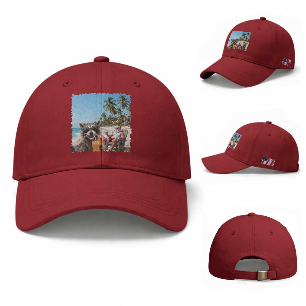 Christmas In July Raccoon And Santa Baseball Cap Tropical Summer Vacation Graphic TS12 Baseball Cap Universal Fit Cherry Red Print Your Wear