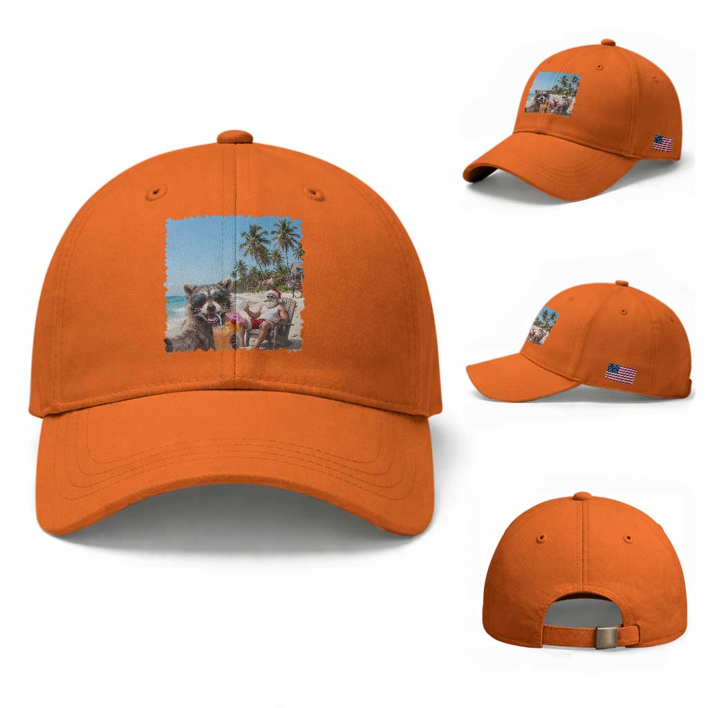 Christmas In July Raccoon And Santa Baseball Cap Tropical Summer Vacation Graphic TS12 Baseball Cap Universal Fit Orange Print Your Wear