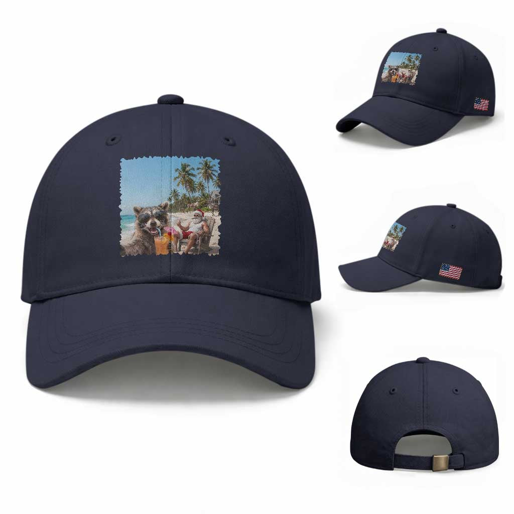 Christmas In July Raccoon And Santa Baseball Cap Tropical Summer Vacation Graphic TS12 Baseball Cap Universal Fit Navy Print Your Wear