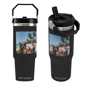 Christmas In July Raccoon And Santa Flip Straw Tumbler Tropical Summer Vacation Graphic