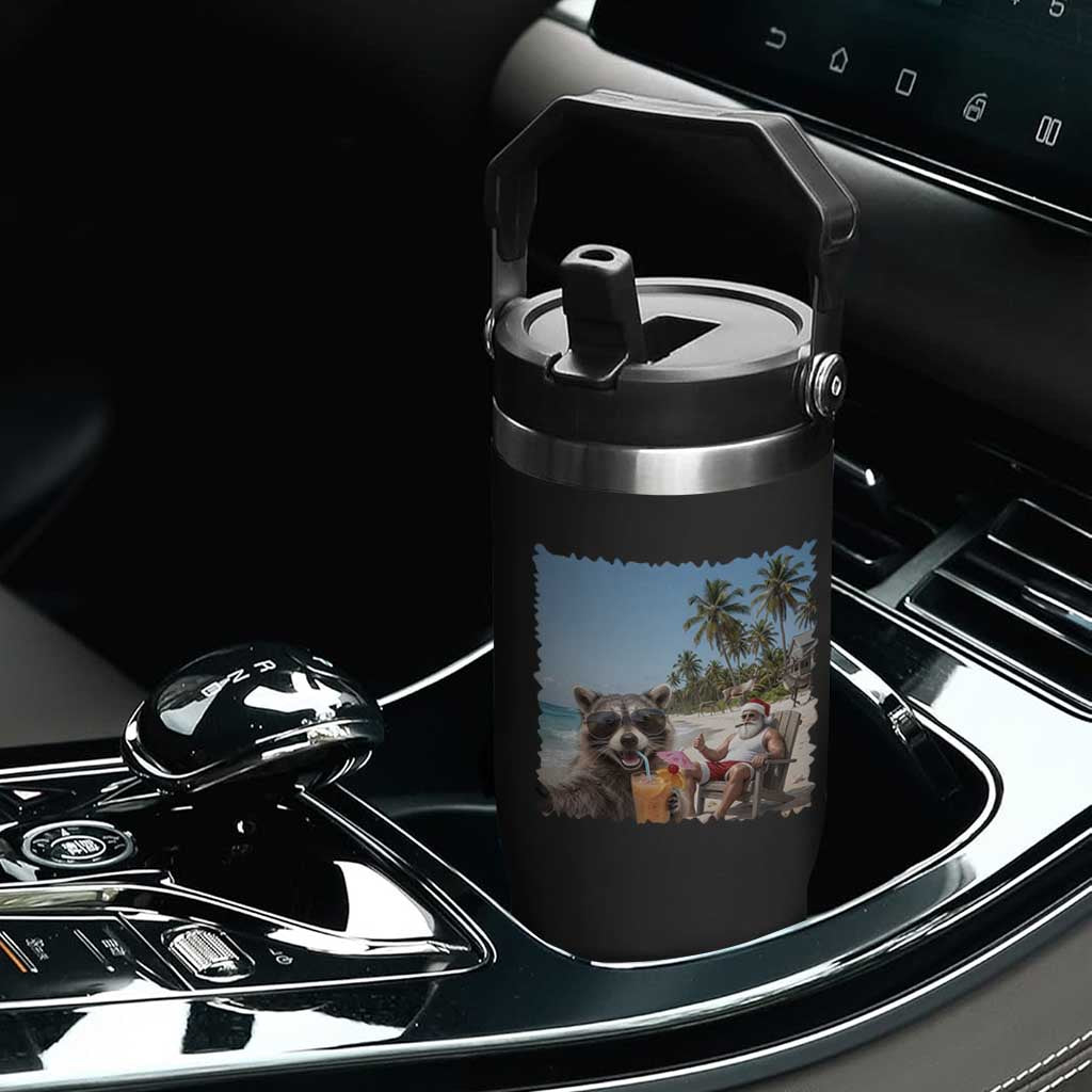 Christmas In July Raccoon And Santa Flip Straw Tumbler Tropical Summer Vacation Graphic