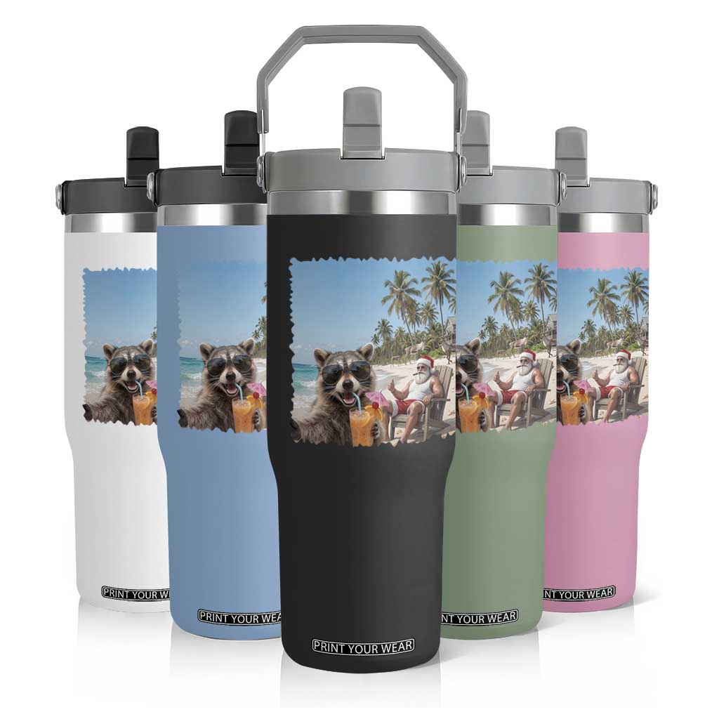 Christmas In July Raccoon And Santa Flip Straw Tumbler Tropical Summer Vacation Graphic