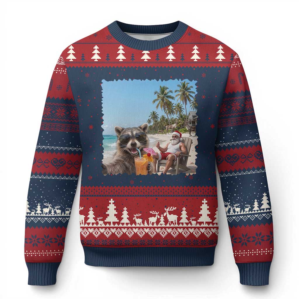Christmas In July Raccoon And Santa Ugly Christmas Sweater Tropical Summer Vacation Graphic TS12 Navy Red Print Your Wear