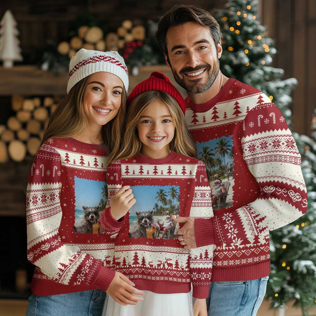 Christmas In July Raccoon And Santa Ugly Christmas Sweater Tropical Summer Vacation Graphic TS12 Red Beige Print Your Wear