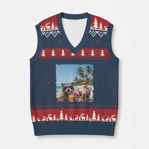 Christmas In July Raccoon And Santa V-Neck Knit Sweater Vest Tropical Summer Vacation Graphic TS12 Navy Red Print Your Wear