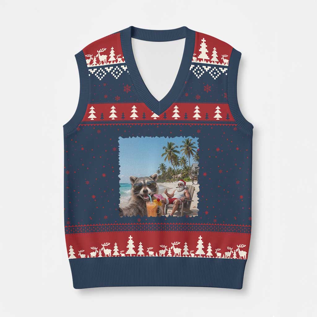 Christmas In July Raccoon And Santa V-Neck Knit Sweater Vest Tropical Summer Vacation Graphic TS12 Navy Red Print Your Wear