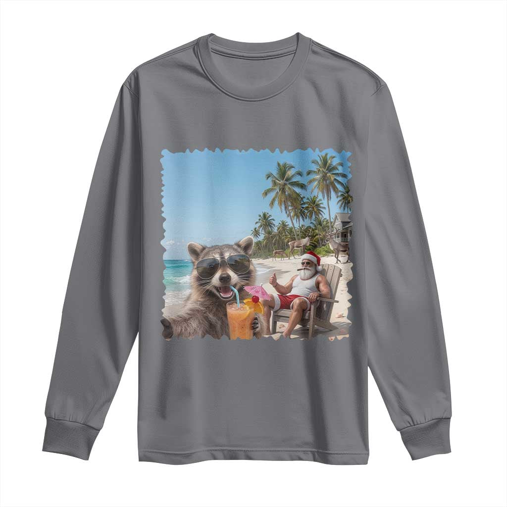 Christmas In July Raccoon And Santa Long Sleeve Shirt Tropical Summer Vacation Graphic TS12 Charcoal Print Your Wear