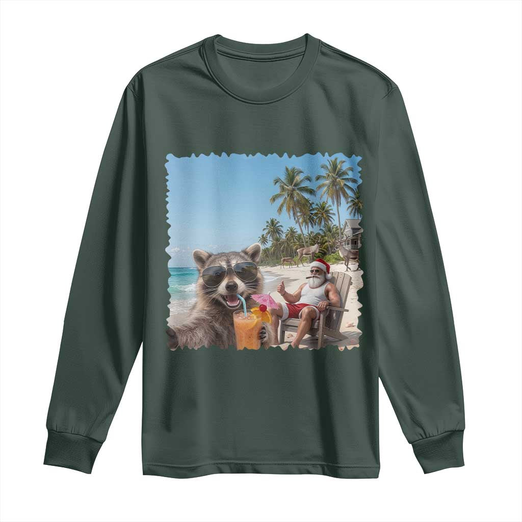 Christmas In July Raccoon And Santa Long Sleeve Shirt Tropical Summer Vacation Graphic TS12 Dark Forest Green Print Your Wear