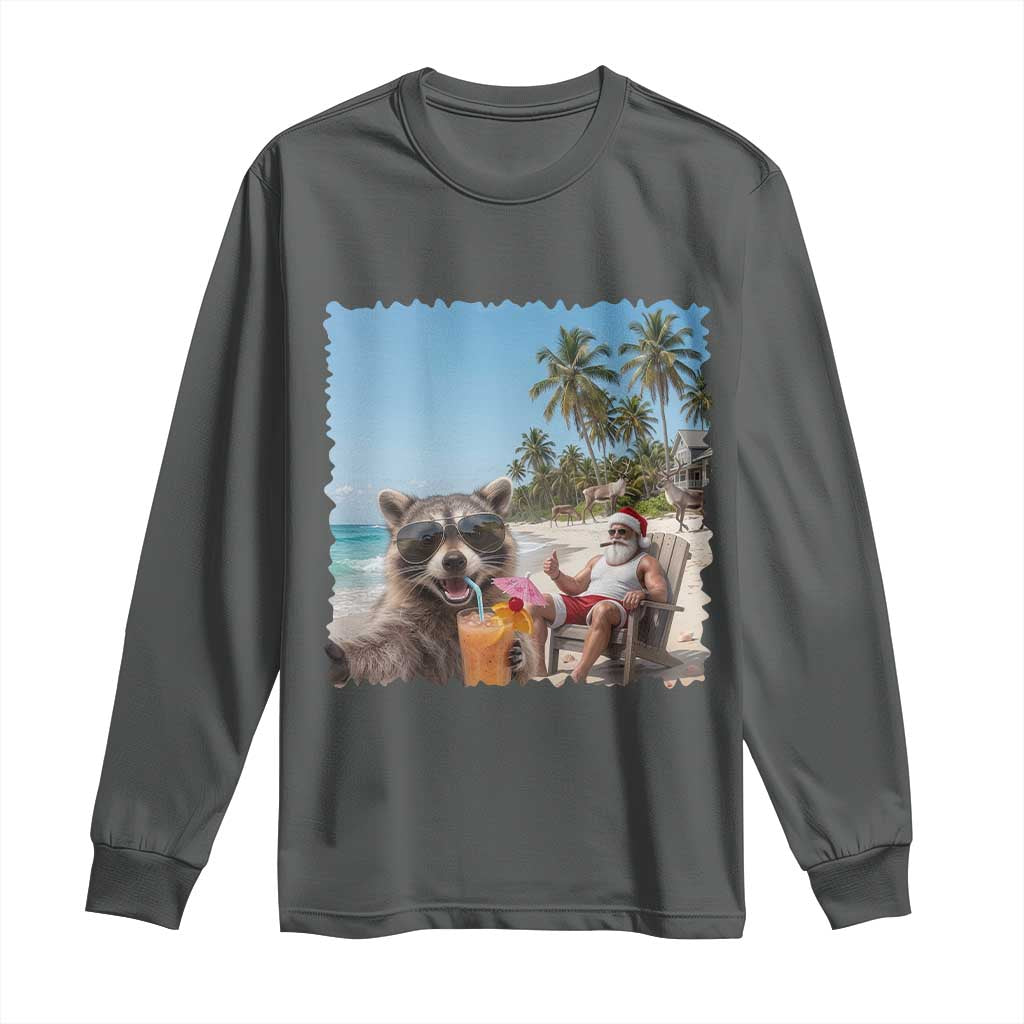 Christmas In July Raccoon And Santa Long Sleeve Shirt Tropical Summer Vacation Graphic TS12 Dark Heather Print Your Wear