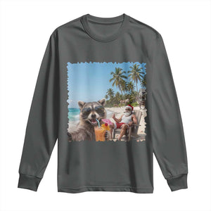 Christmas In July Raccoon And Santa Long Sleeve Shirt Tropical Summer Vacation Graphic TS12 Dark Heather Print Your Wear