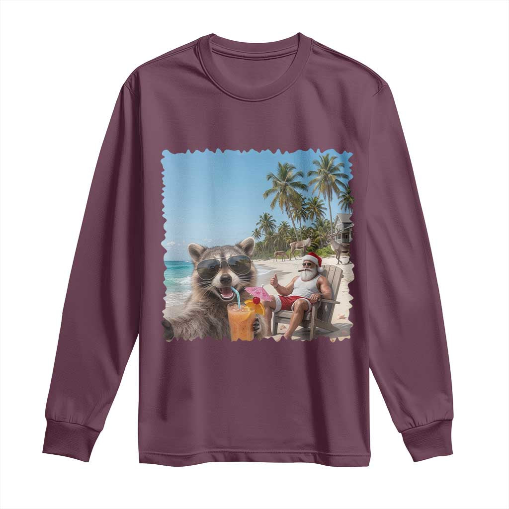 Christmas In July Raccoon And Santa Long Sleeve Shirt Tropical Summer Vacation Graphic TS12 Maroon Print Your Wear