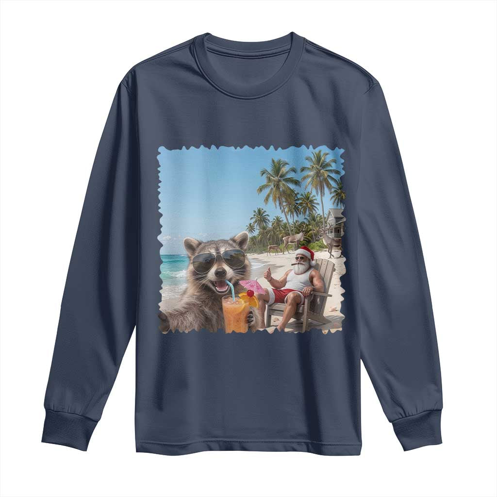 Christmas In July Raccoon And Santa Long Sleeve Shirt Tropical Summer Vacation Graphic TS12 Navy Print Your Wear