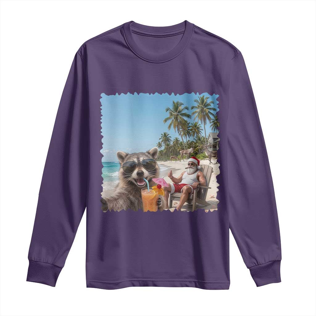 Christmas In July Raccoon And Santa Long Sleeve Shirt Tropical Summer Vacation Graphic TS12 Purple Print Your Wear