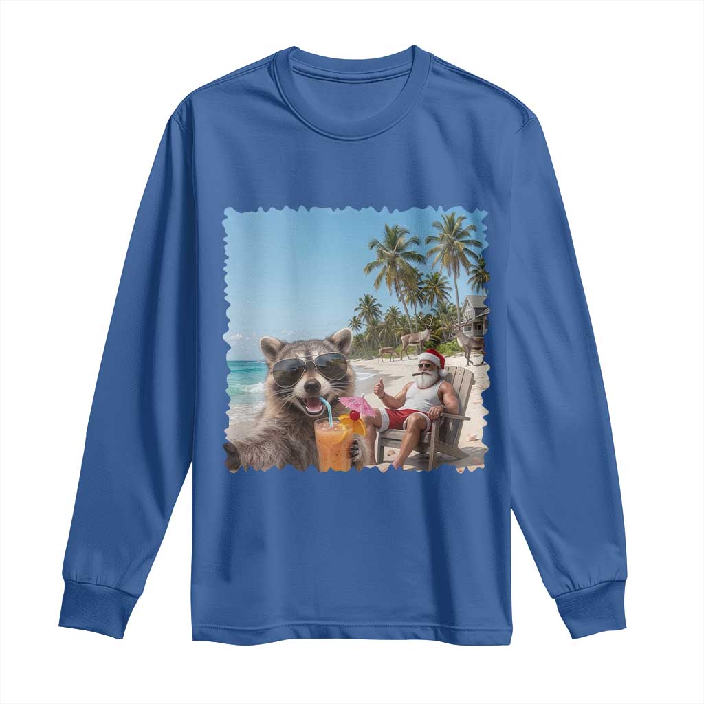 Christmas In July Raccoon And Santa Long Sleeve Shirt Tropical Summer Vacation Graphic TS12 Royal Blue Print Your Wear