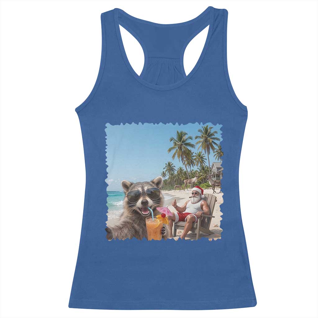 Christmas In July Raccoon And Santa Racerback Tank Top Tropical Summer Vacation Graphic TS12 Royal Blue Print Your Wear