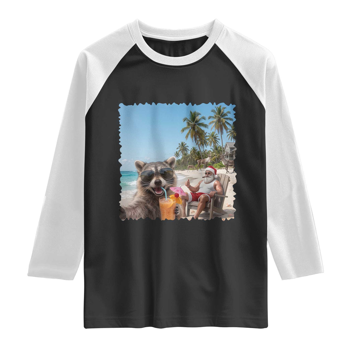 Christmas In July Raccoon And Santa Raglan Shirt Tropical Summer Vacation Graphic TS12 Black White Print Your Wear