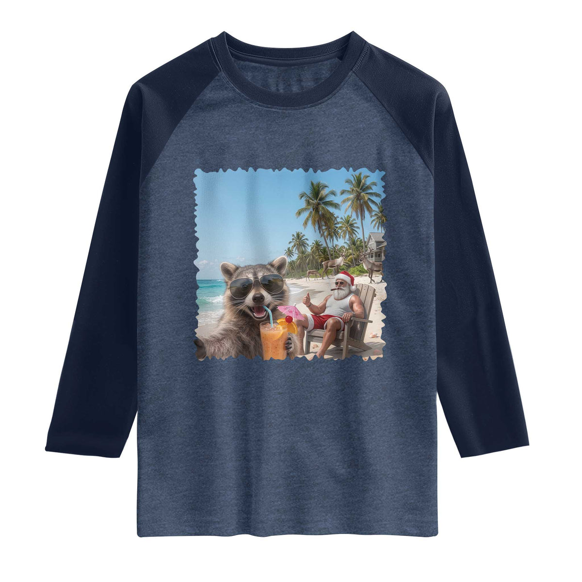 Christmas In July Raccoon And Santa Raglan Shirt Tropical Summer Vacation Graphic TS12 Heather Denim Navy Print Your Wear