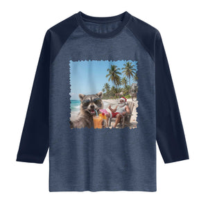 Christmas In July Raccoon And Santa Raglan Shirt Tropical Summer Vacation Graphic TS12 Heather Denim Navy Print Your Wear