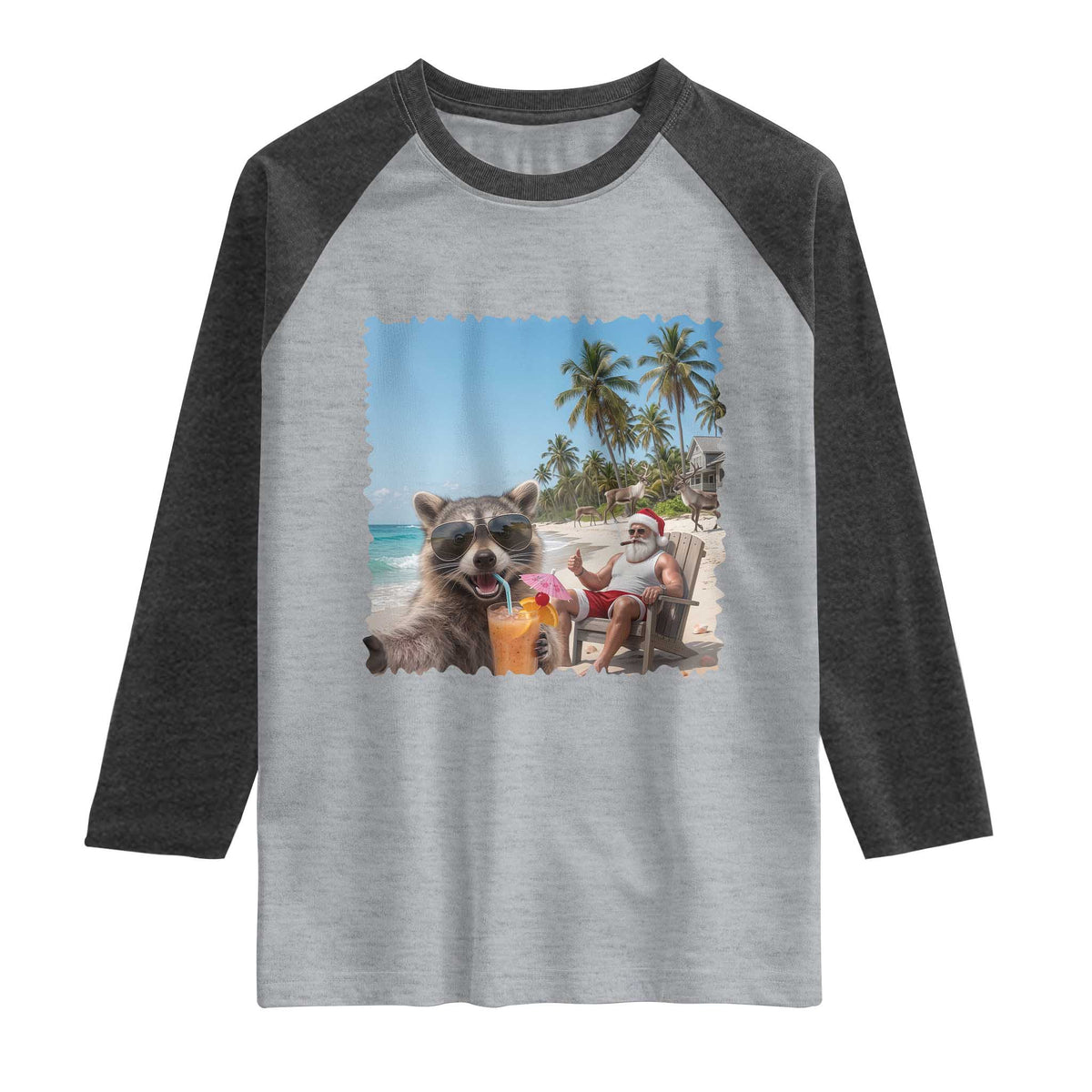 Christmas In July Raccoon And Santa Raglan Shirt Tropical Summer Vacation Graphic TS12 Heather Gray Heather Charcoal Print Your Wear