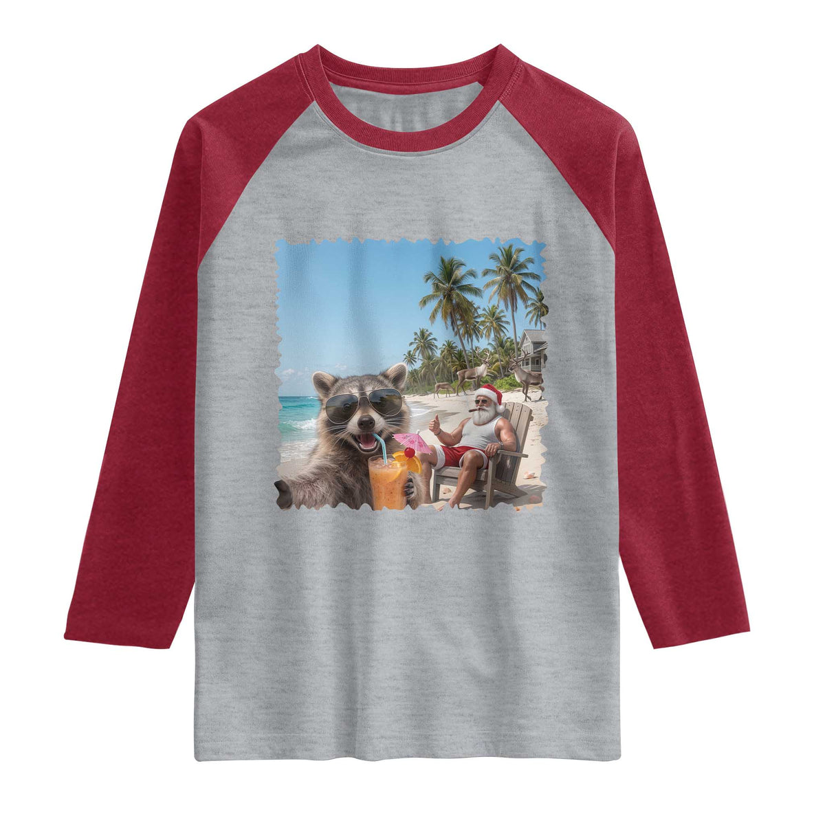 Christmas In July Raccoon And Santa Raglan Shirt Tropical Summer Vacation Graphic TS12 Heather Gray Heather Red Print Your Wear