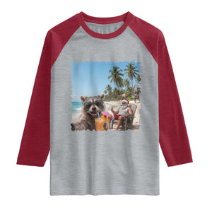 Christmas In July Raccoon And Santa Raglan Shirt Tropical Summer Vacation Graphic TS12 Heather Gray Heather Red Print Your Wear