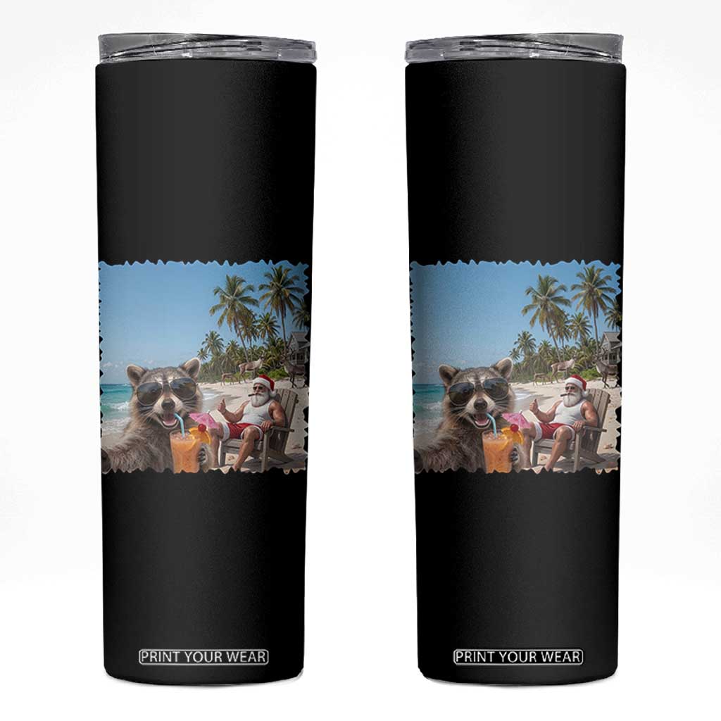 Christmas In July Raccoon And Santa Skinny Tumbler Tropical Summer Vacation Graphic TS12 Black Print Your Wear