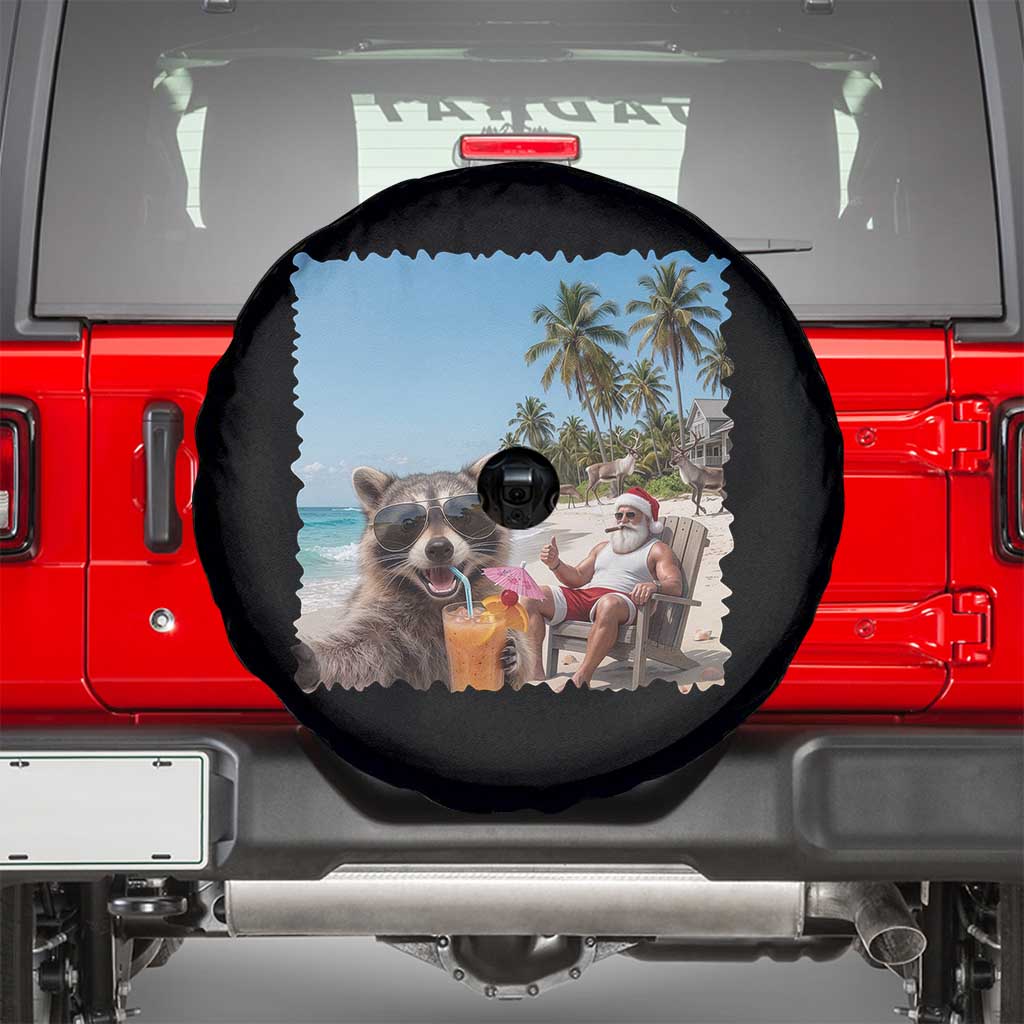 Christmas In July Raccoon And Santa Spare Tire Cover Tropical Summer Vacation Graphic TS12 Black Print Your Wear