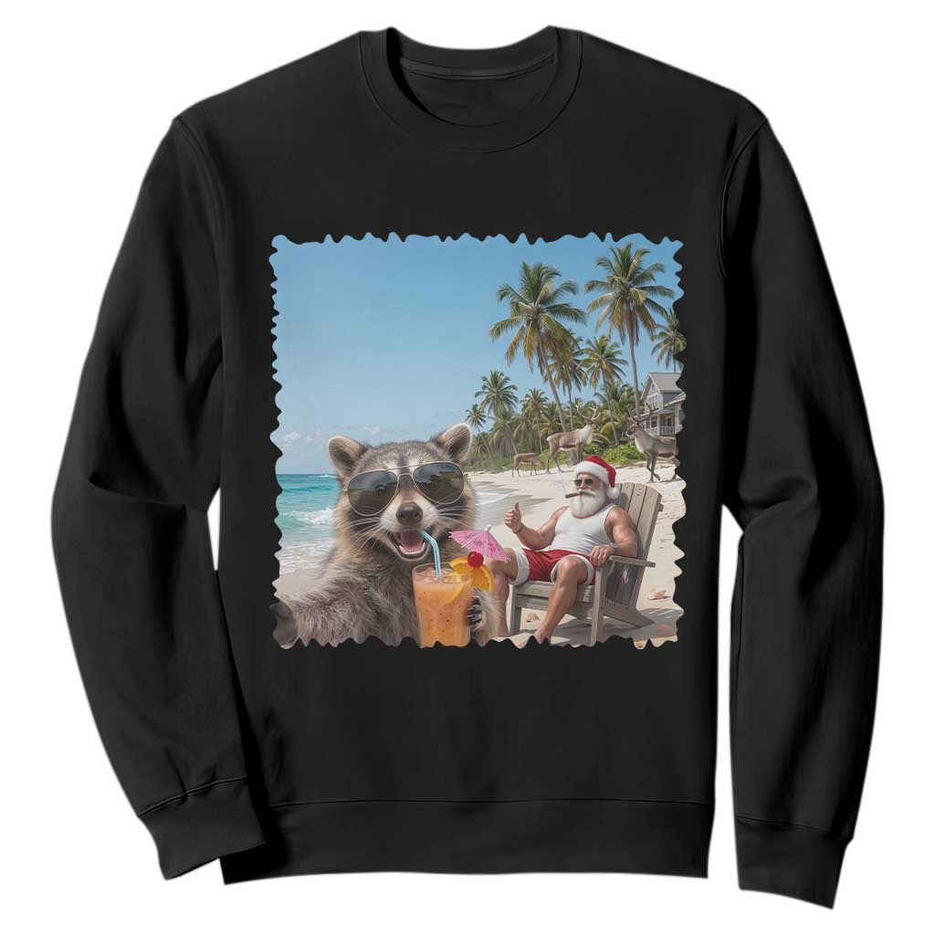 Christmas In July Raccoon And Santa Sweatshirt Tropical Summer Vacation Graphic TS12 Black Print Your Wear