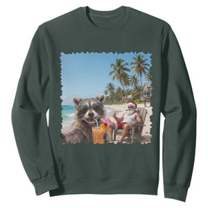 Christmas In July Raccoon And Santa Sweatshirt Tropical Summer Vacation Graphic TS12 Dark Forest Green Print Your Wear