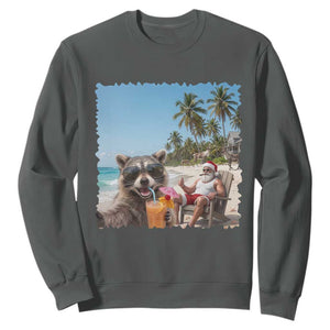 Christmas In July Raccoon And Santa Sweatshirt Tropical Summer Vacation Graphic TS12 Dark Heather Print Your Wear