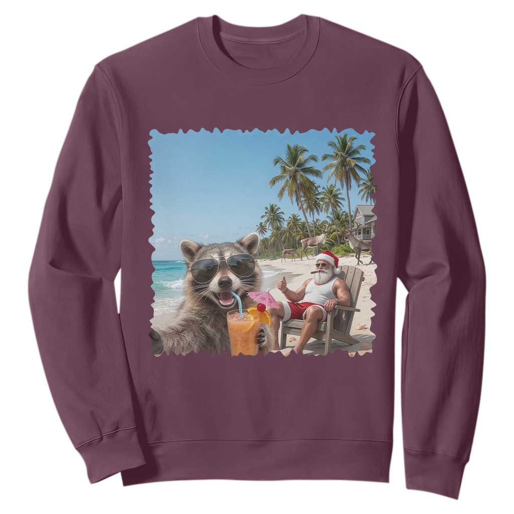 Christmas In July Raccoon And Santa Sweatshirt Tropical Summer Vacation Graphic TS12 Maroon Print Your Wear