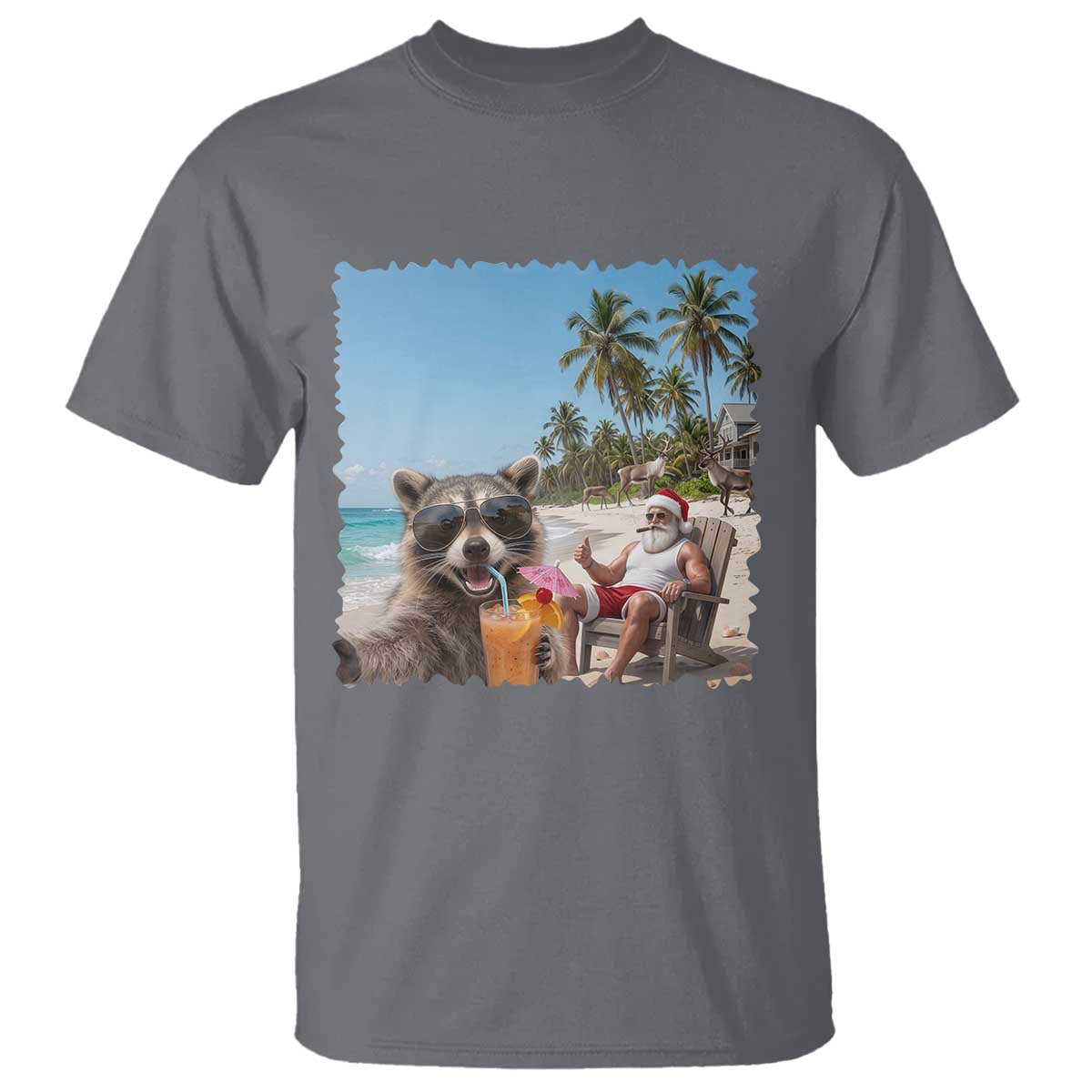 Christmas In July Raccoon And Santa T Shirt Tropical Summer Vacation Graphic TS12 Charcoal Print Your Wear