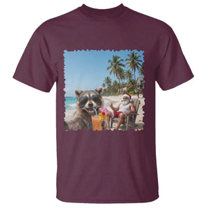 Christmas In July Raccoon And Santa T Shirt Tropical Summer Vacation Graphic TS12 Maroon Print Your Wear