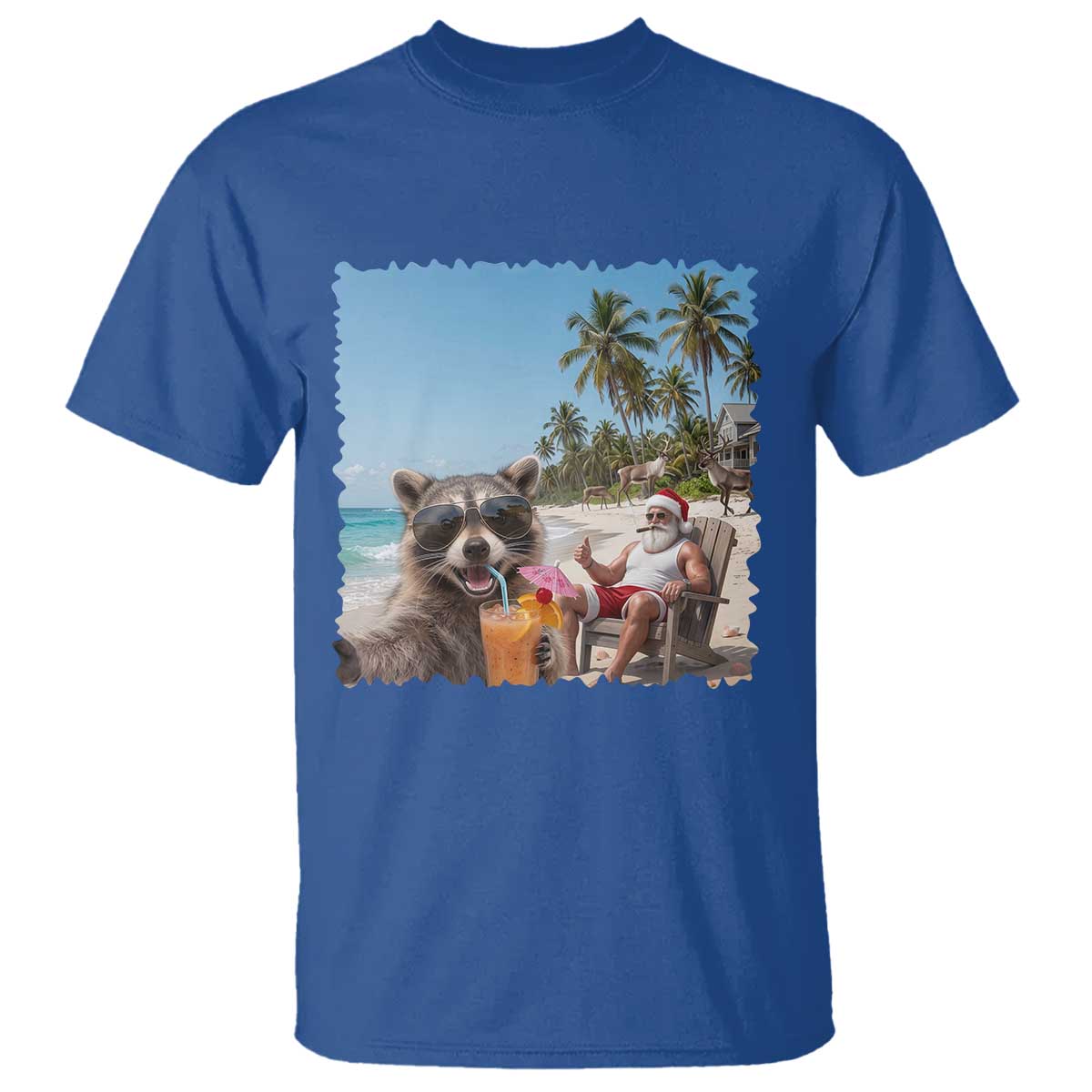 Christmas In July Raccoon And Santa T Shirt Tropical Summer Vacation Graphic TS12 Royal Blue Print Your Wear