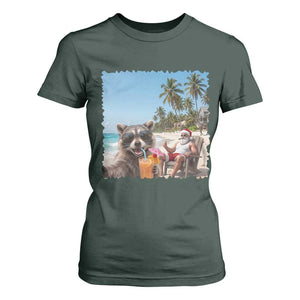 Christmas In July Raccoon And Santa T Shirt For Women Tropical Summer Vacation Graphic