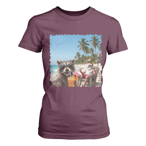 Christmas In July Raccoon And Santa T Shirt For Women Tropical Summer Vacation Graphic