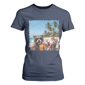 Christmas In July Raccoon And Santa T Shirt For Women Tropical Summer Vacation Graphic