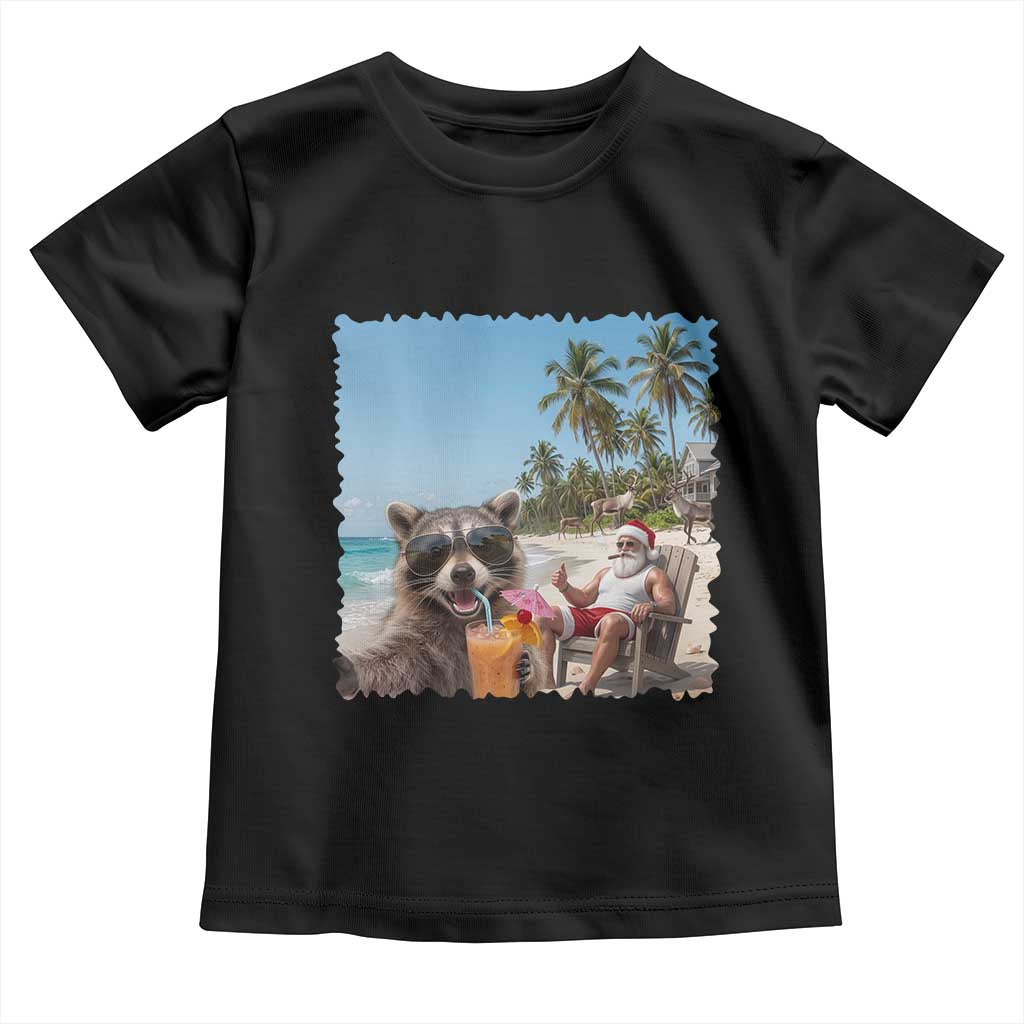 Christmas In July Raccoon And Santa Toddler T Shirt Tropical Summer Vacation Graphic TS12 Black Print Your Wear