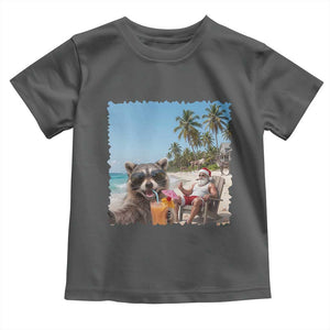 Christmas In July Raccoon And Santa Toddler T Shirt Tropical Summer Vacation Graphic TS12 Dark Heather Print Your Wear