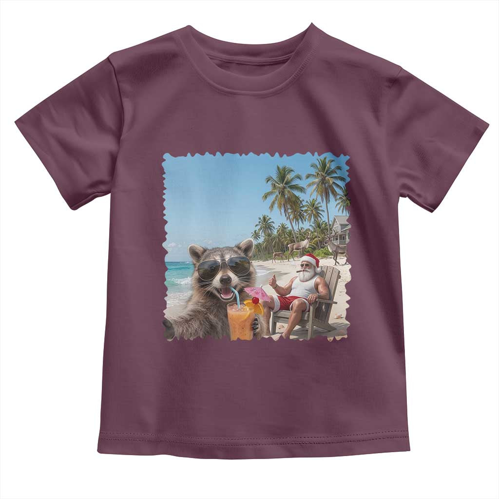 Christmas In July Raccoon And Santa Toddler T Shirt Tropical Summer Vacation Graphic TS12 Maroon Print Your Wear
