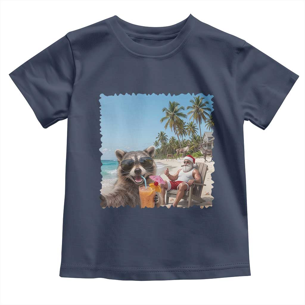 Christmas In July Raccoon And Santa Toddler T Shirt Tropical Summer Vacation Graphic TS12 Navy Print Your Wear
