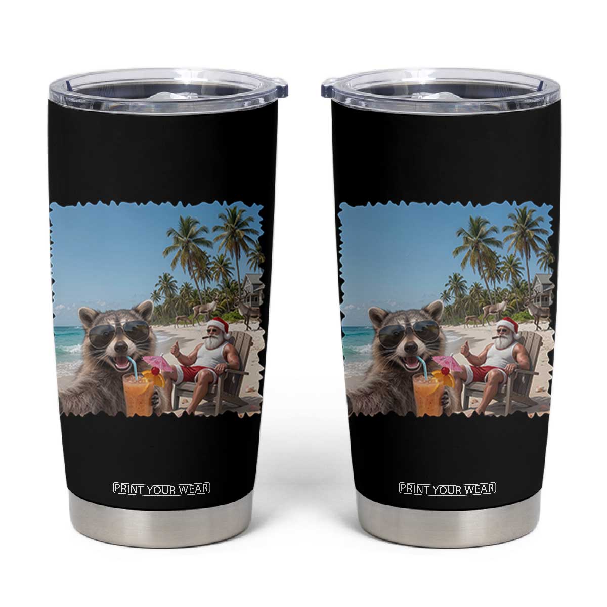 Christmas In July Raccoon And Santa Tumbler Cup Tropical Summer Vacation Graphic TS12 Black Print Your Wear