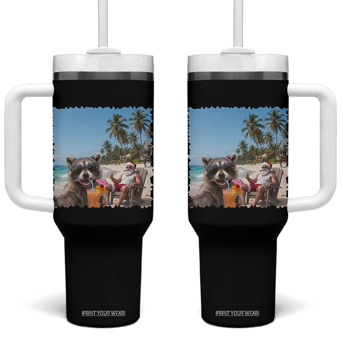 Christmas In July Raccoon And Santa Tumbler With Handle Tropical Summer Vacation Graphic TS12 One Size: 40 oz Black Print Your Wear