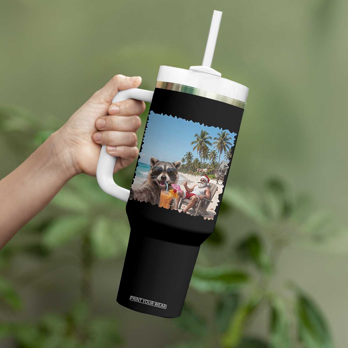 Christmas In July Raccoon And Santa Tumbler With Handle Tropical Summer Vacation Graphic TS12 Print Your Wear