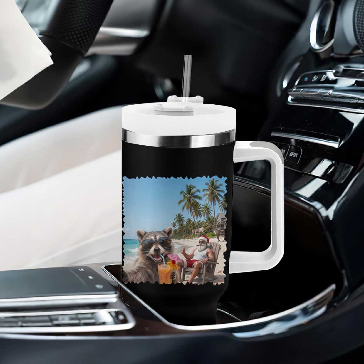 Christmas In July Raccoon And Santa Tumbler With Handle Tropical Summer Vacation Graphic TS12 Print Your Wear