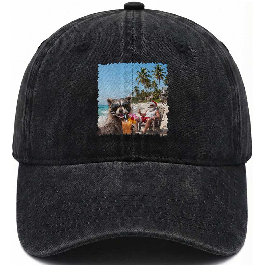 Christmas In July Raccoon And Santa Washed Cotton Baseball Cap Tropical Summer Vacation Graphic TS12 Print Your Wear