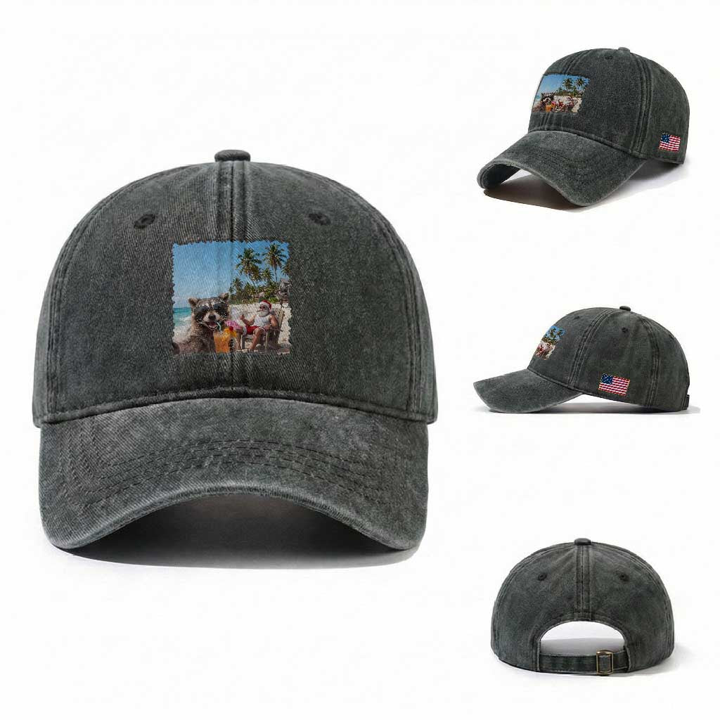 Christmas In July Raccoon And Santa Washed Cotton Baseball Cap Tropical Summer Vacation Graphic TS12 Washed Cap Universal Fit Dark Green Print Your Wear