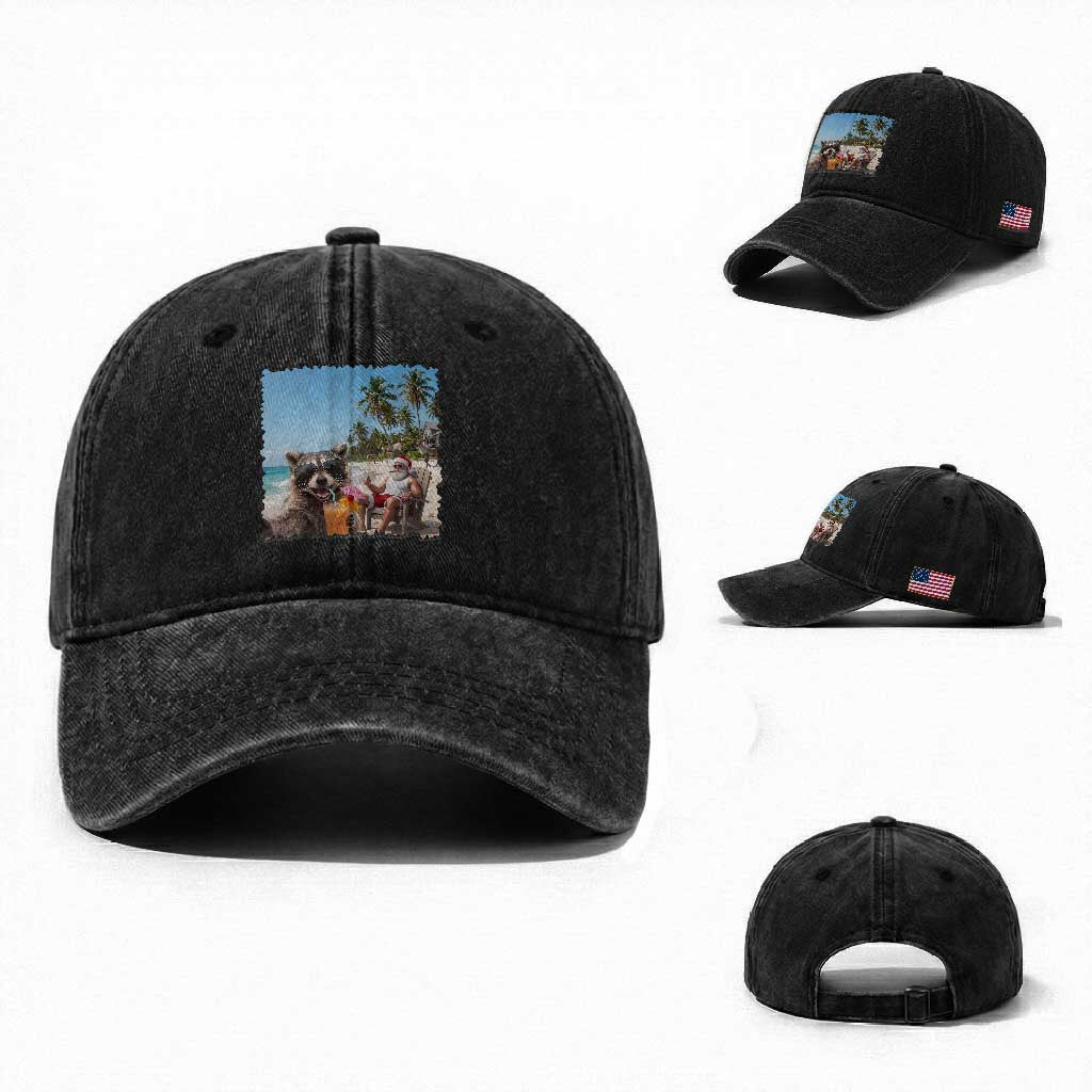 Christmas In July Raccoon And Santa Washed Cotton Baseball Cap Tropical Summer Vacation Graphic TS12 Washed Cap Universal Fit Black Print Your Wear