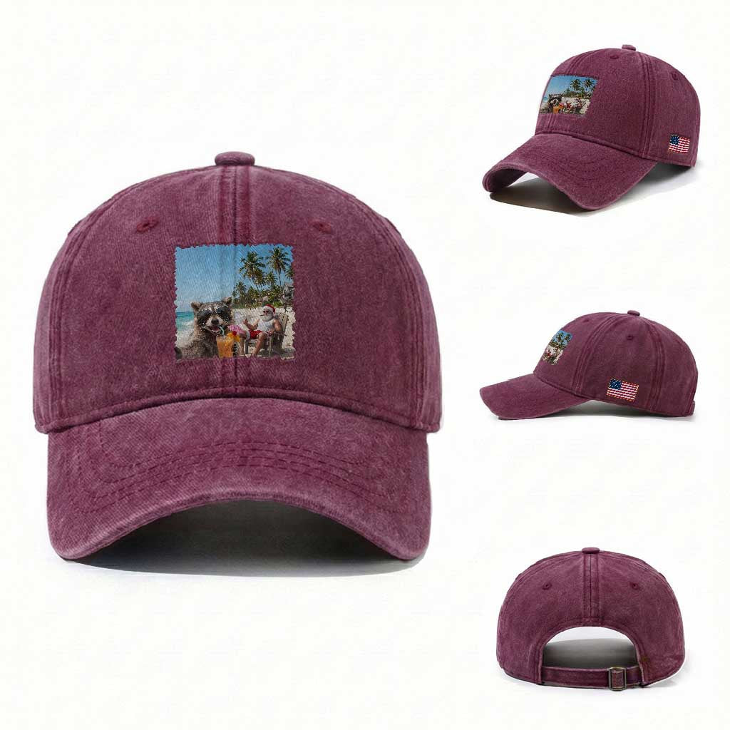 Christmas In July Raccoon And Santa Washed Cotton Baseball Cap Tropical Summer Vacation Graphic TS12 Washed Cap Universal Fit Burgundy Print Your Wear